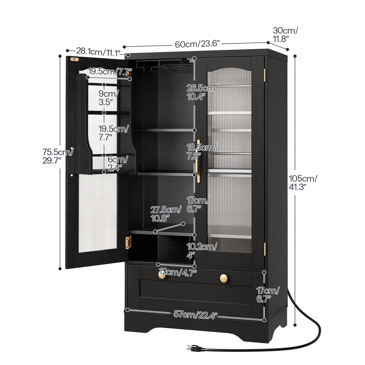 HOOBRO Kitchen Pantry Cabinet, Pantry Cabinet with Cup Holders and Wine Rack, Pantry Storage Cabinet with Charging Station and LED Lights, Pantry with Drawers for Dining Room, Black and Gold HOOBRO