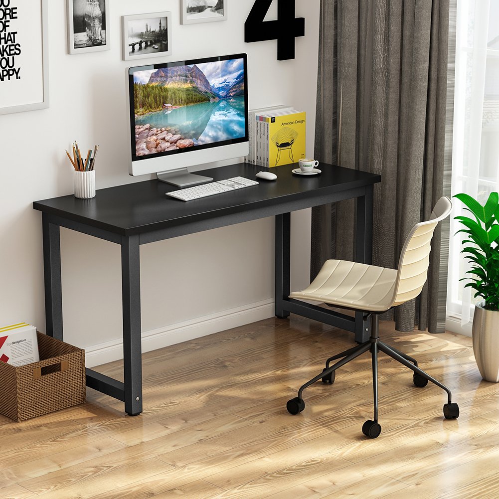 Tribesigns Computer Desk, 55 inch Large Office Desk Computer Table Study Writing Desk for Home Office, Black + Black Leg - WoodArtSupply