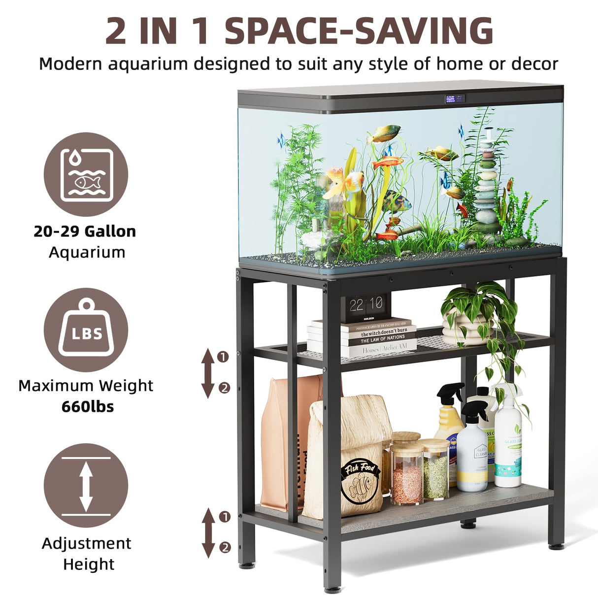VOWNER 20-29 Gallon Fish Tank Stand - Metal Aquarium Stand, 30.7" L x 13.8" W x 29.5" H, Heavy Duty Reptile Tank Stand, Adjustable 3-Tier Fish Tank Rack Shelf for Home Office, 440LBS Capacity, Grey VOWNER