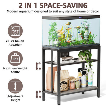 VOWNER 20-29 Gallon Fish Tank Stand - Metal Aquarium Stand, 30.7" L x 13.8" W x 29.5" H, Heavy Duty Reptile Tank Stand, Adjustable 3-Tier Fish Tank Rack Shelf for Home Office, 440LBS Capacity, Grey