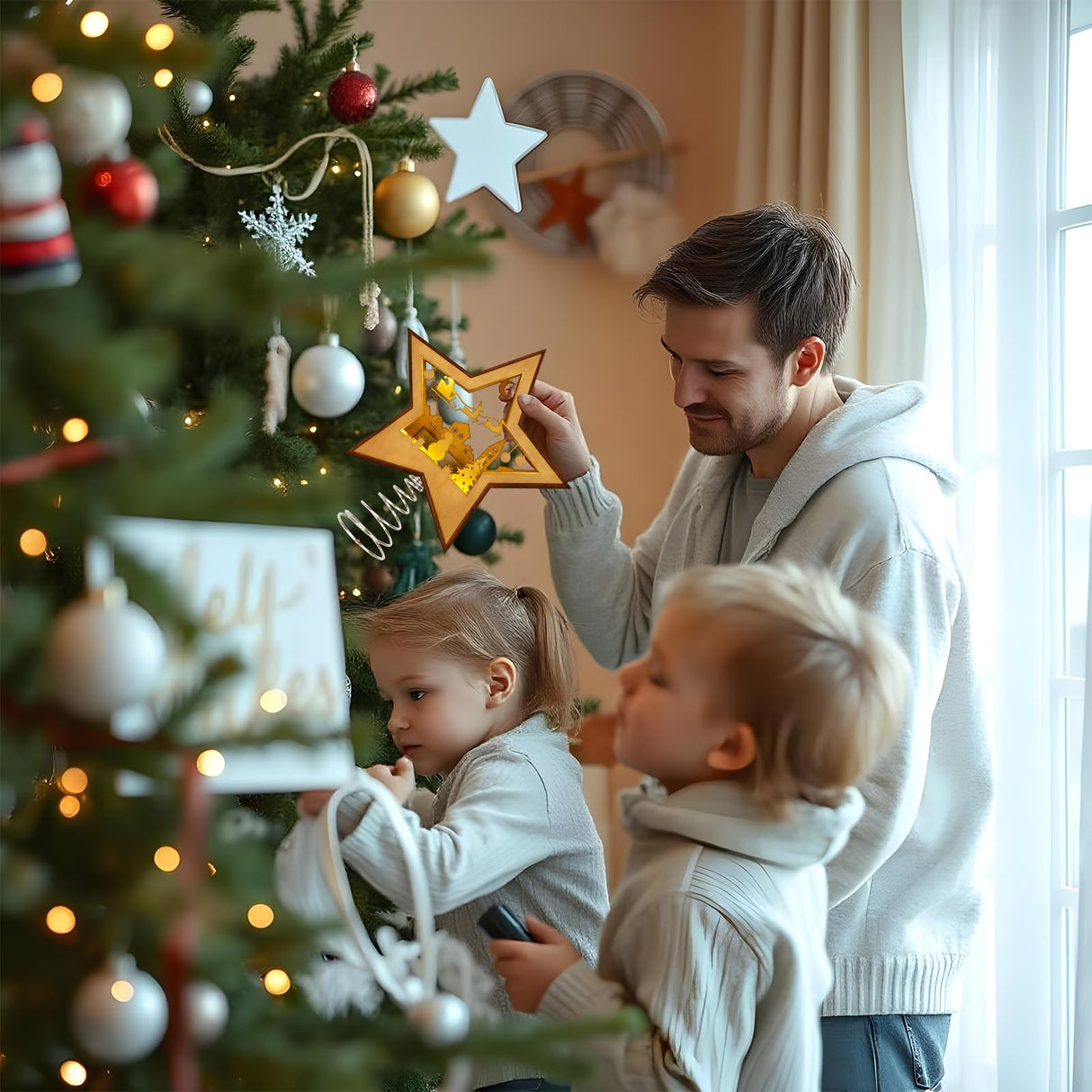OurWarm Christmas Tree Topper Star Lighted, Wooden Star Tree Toppers Christmas Decorations, Christmas Tree Star Topper with Lights, Rustic Tree Topper for Shelves Tables Indoor Christmas Decorations OurWarm