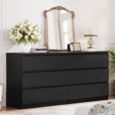 Modern 6 Drawer Dresser for Bedroom, 59'' Black Dresser, Wood Dresser with Handless Design, Thickened Back Panel, Stable & Sturdy Base, Double Drawer Long Dresser, Wide Chest of Drawers for Bedroom Angel Sar