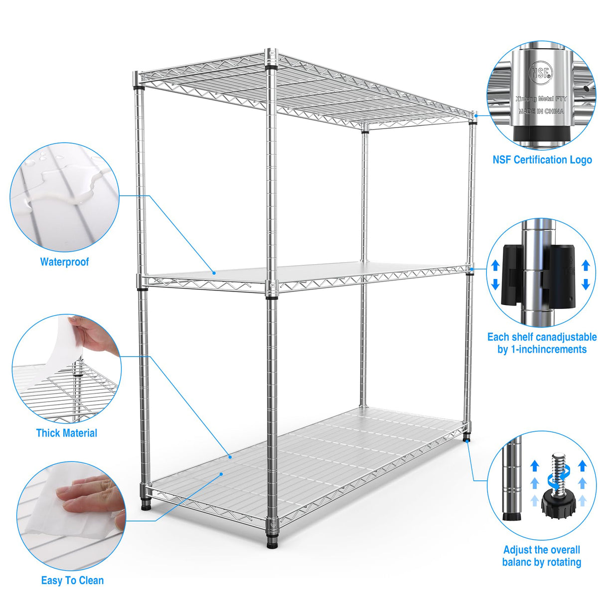 pouseayar 3 Tier NSF Metal Shelf Wire Shelving Unit, 1050lbs Capacity Heavy Duty Adjustable Storage Rack with Shelf Liners for Closet Kitchen Garage pouseayar