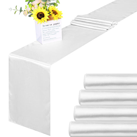 Aneco 4 Pack Satin Table Runner 12 x 108 Inch White Long Bright Silk and Smooth Fabric Party Table Runner for Wedding Banquet Party Decoration Aneco