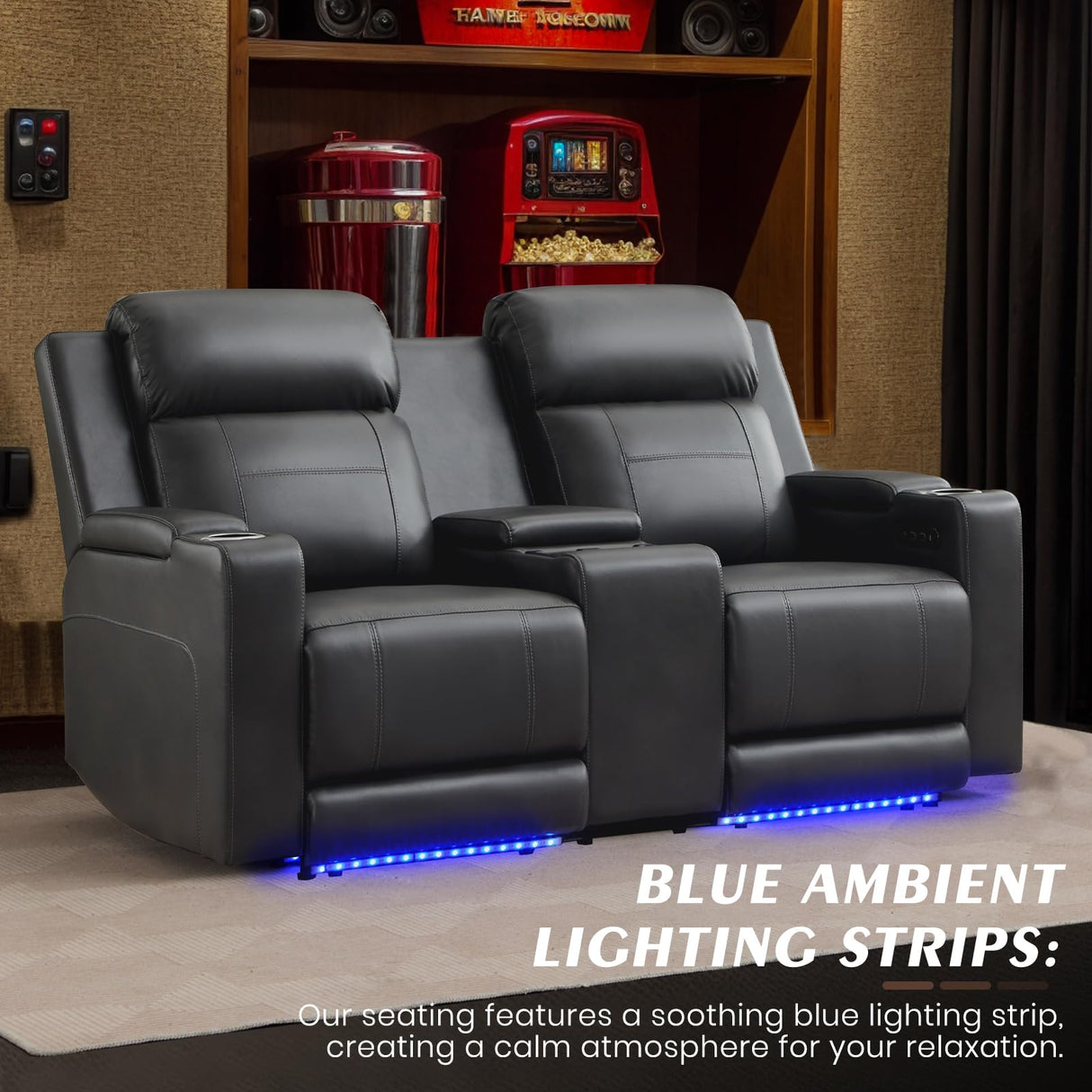 Neptane Power Reclining Loveseat with Console/Wireless Charging, Power Loveseat Recliner Sofa with Power Headrest/LED Light/Armrest Storage, Wall Hugger Reclining Loveseat(Dark Grey, 2 Seater) Neptane