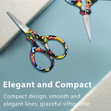 Jaasuee Sharp Embroidery and Crafting Scissors with Leather Cover, 3.62 inch Stainless Steel Stork Shaped Scissors for Needlework and DIY Crafts, Black Flower, J5064 Jaasuee