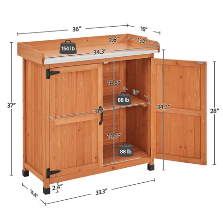 Yaheetech Garden Potting Bench Table - Outdoor Garden Patio Wooden Storage Cabinet & Solid Wood Planting Work Bench with Large Space Storage & Metal-Plated Tabletop, Brown Yaheetech