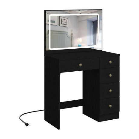 Makeup Vanity with Large Lighted Mirror, Vanity Desk with 5 Drawers Vanity Set with Power Outlet 3 Color Lighting Modes Dressing Table for Women Girls (Black) Panana