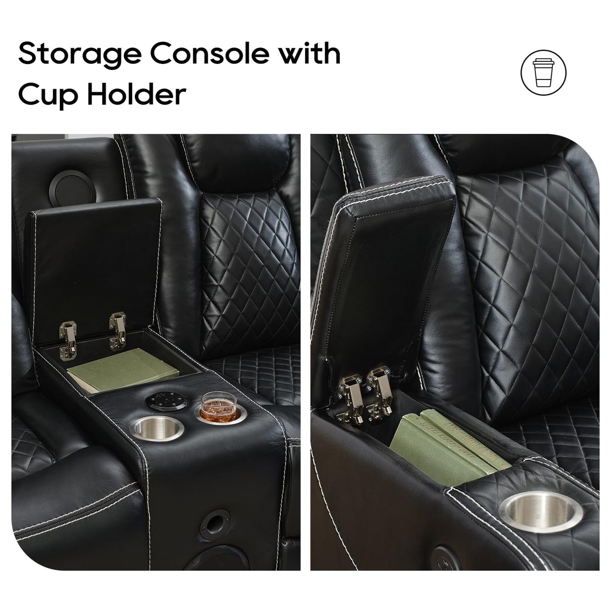 Power Recliner Sectional Sofa with Bass Speaker,Wireless Charger,Electric Reclining Sectional Sofa with 2 Faux Leather Recliner,LED Strip,Reading Light,Type-C USB Port,Cup Holder,Storage Console Black Comfort Stretch