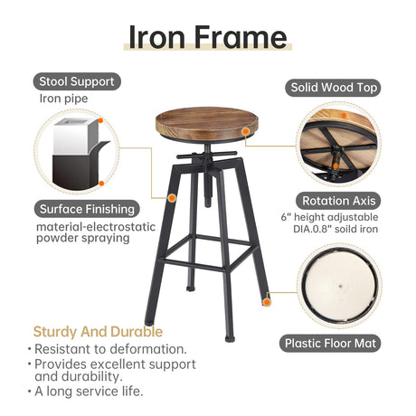 VILAVITA Vintage Adjustable Bar Stools Set of 2, Height Ranges from 24.8 to 30.8 inch, Natural Wood Seat and Heavy Metal Frame Rustic Industrial Swivel Bar Stools VILAVITA