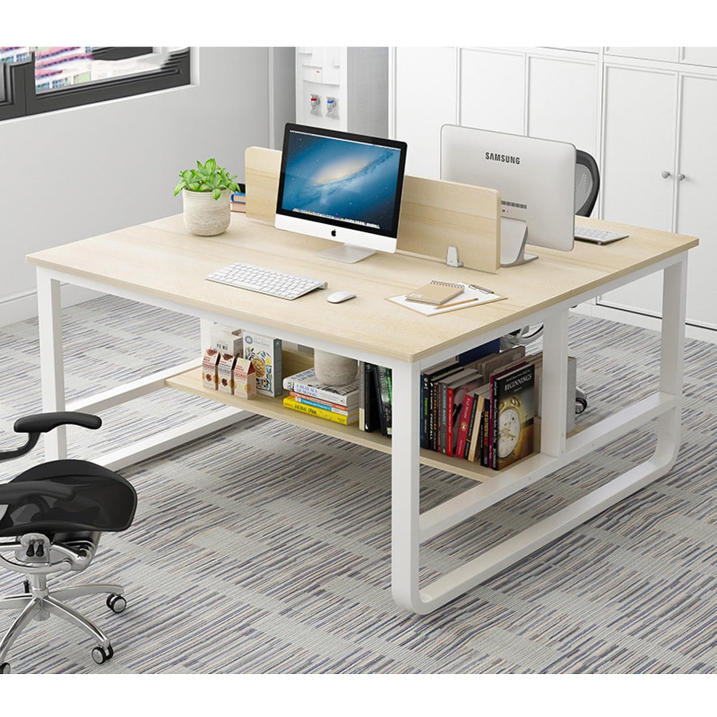 Two Person Desk - 47 Inch Double Computer Desk with Partition and Storage Shelves, Long Office Writing Table Computer Workstation for Home Office-White - WoodArtSupply