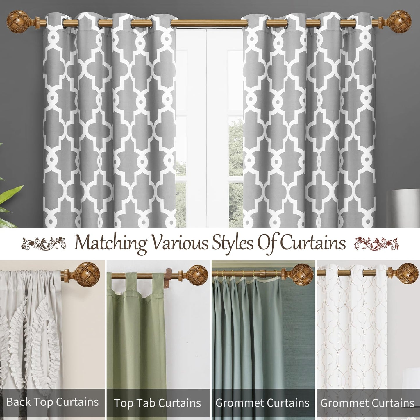 Wood Curtain Rods for windows 48 to 84 Inch(4-7ft): 1 Inch Adjustable Heavy Duty Curtain Rods,Netted Wood Grain Window Curtains Rods for Farmhouse,Living room, bedroom, kitchen, etc. Size:36-88"