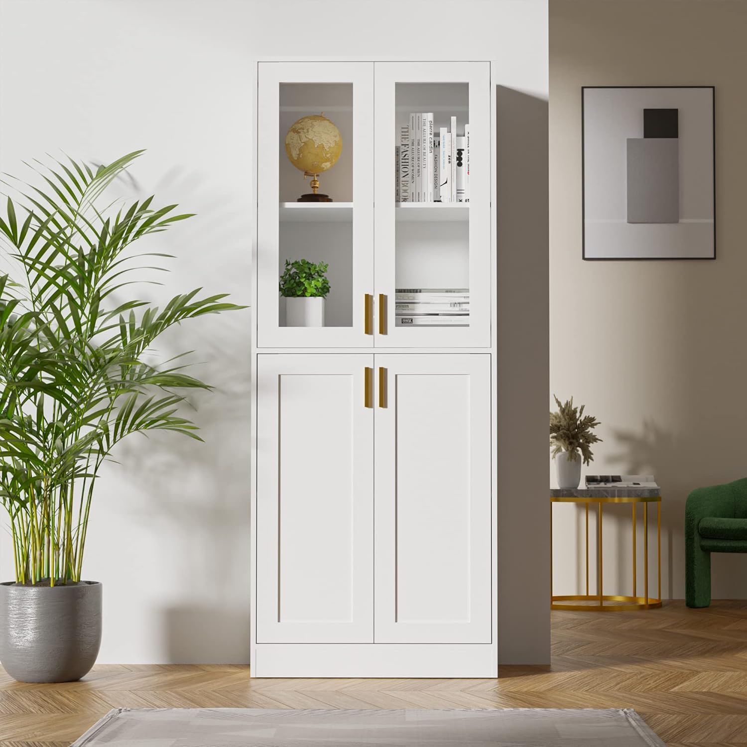 Cozy Castle Kitchen Pantry Storage Cabinet 71" Tall 4 Doors Wood Freestanding Cupboard with Glass Door and Adjustable Shelves Display Cabinets for Dining Room Living Room Office Bookcase Whit - WoodArtSupply