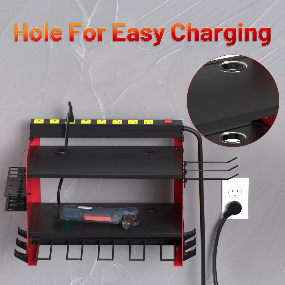 CFMASTER Power Tool Organizer Wall Mount wtih Charging Station,4 Drill Holder Wall Mount with 8 Outlet Power Strip,3 Layers Heavy Duty Tool Rack with Hooks,Screwdriver Organizer in Workbench,Garage CFMASTER