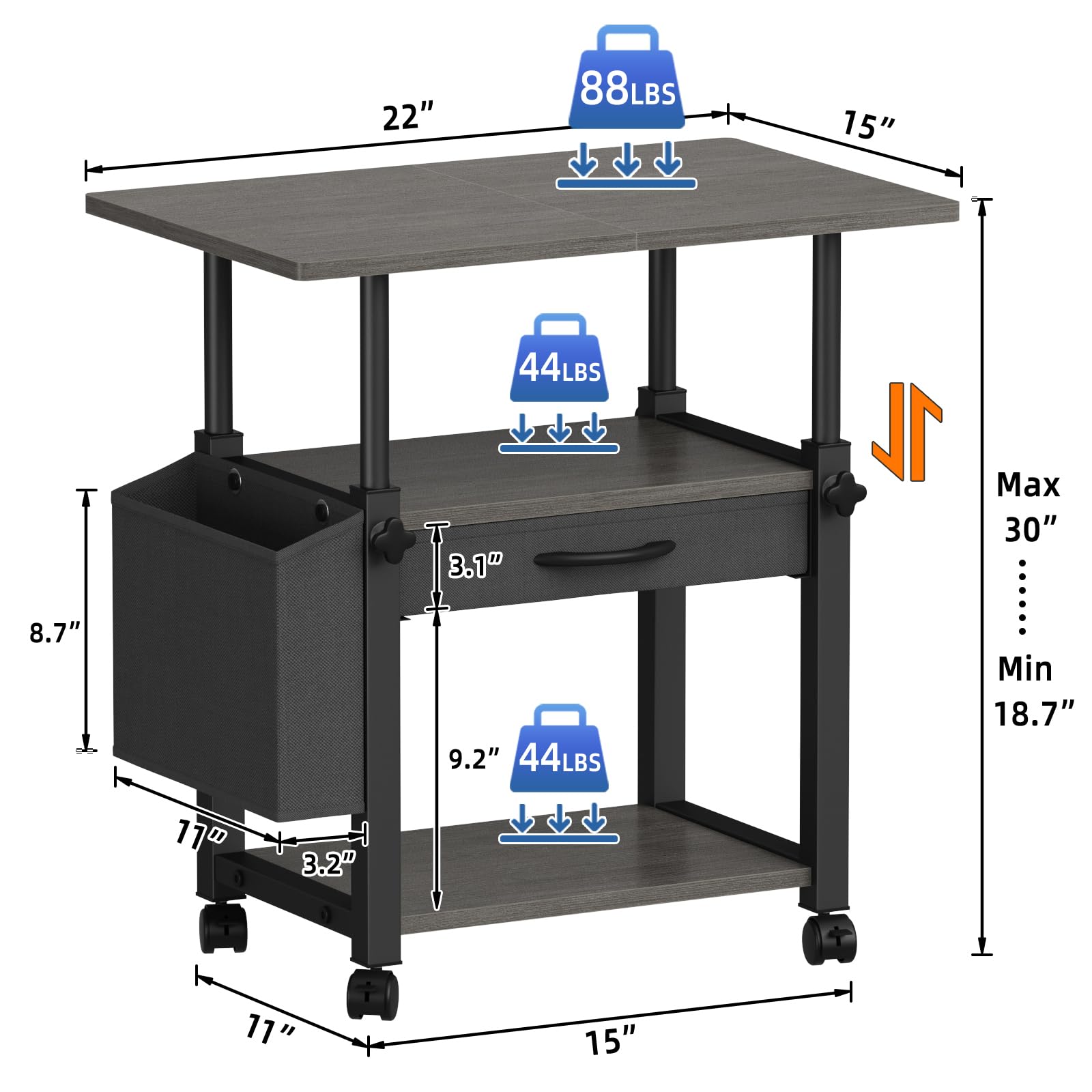 YAOHUOO 22"x15" Large Printer Stand with Storage Drawer and Side Bag, 3-Tier Height Adjustbale Printer Cart for Home Office, Rolling Printer Table fit Heat Press/Laser printer/3D Printer(Grey - WoodArtSupply