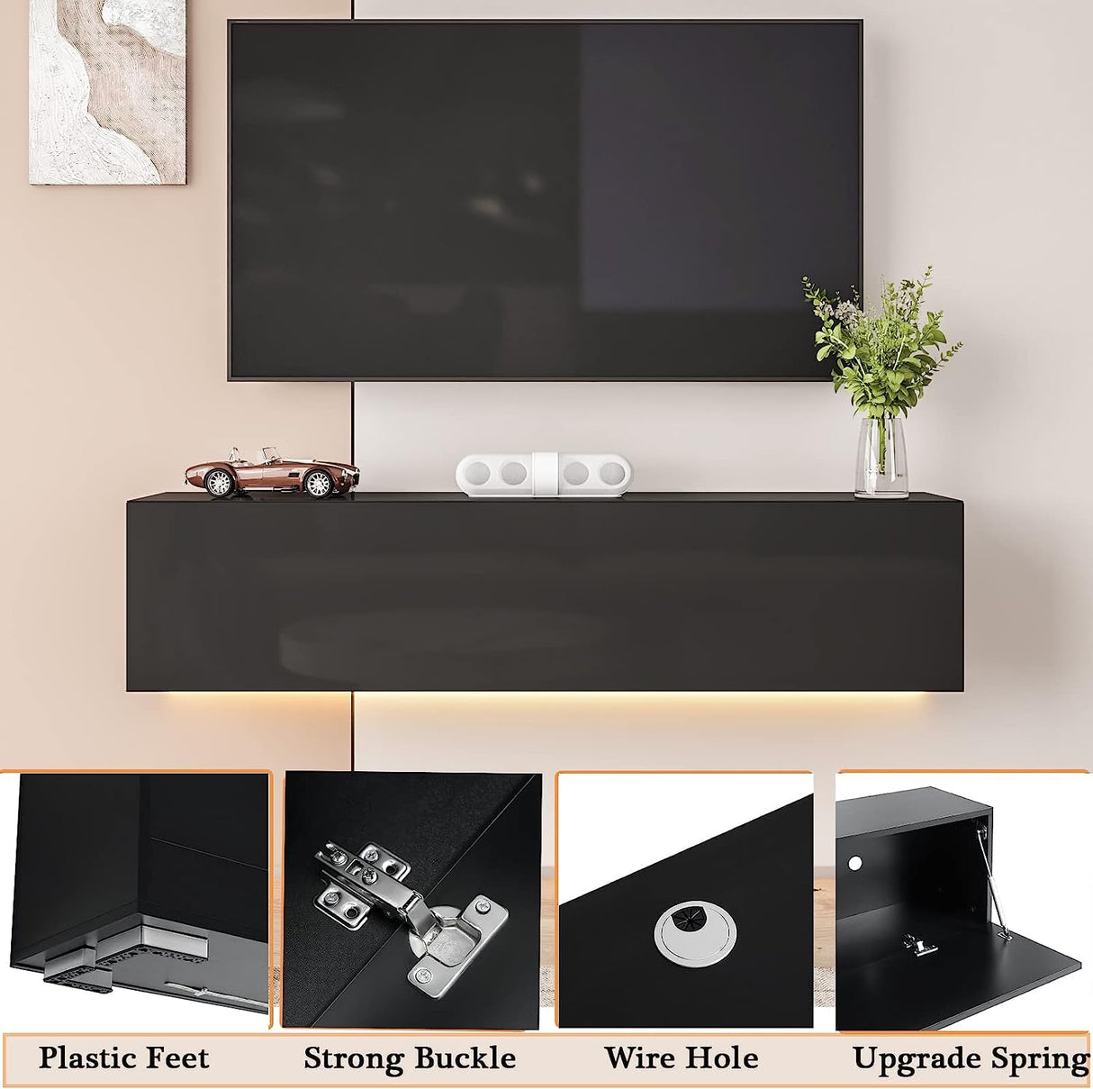HOMMPA Floating TV Stand with Led Light for 63 Inch TVs Wall Mounted Led Entertainment Center Black with High Gloss Storage Modern Floor Mounted Media Console with Led Light for Living Room HOMMPA