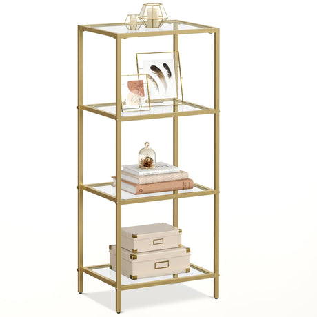 VASAGLE Bookcase, 4-Tier Bookshelf, Slim Shelving Unit for Bedroom, Bathroom, Home Office, Tempered Glass, Steel Frame, Metallic Gold ULGT28G VASAGLE