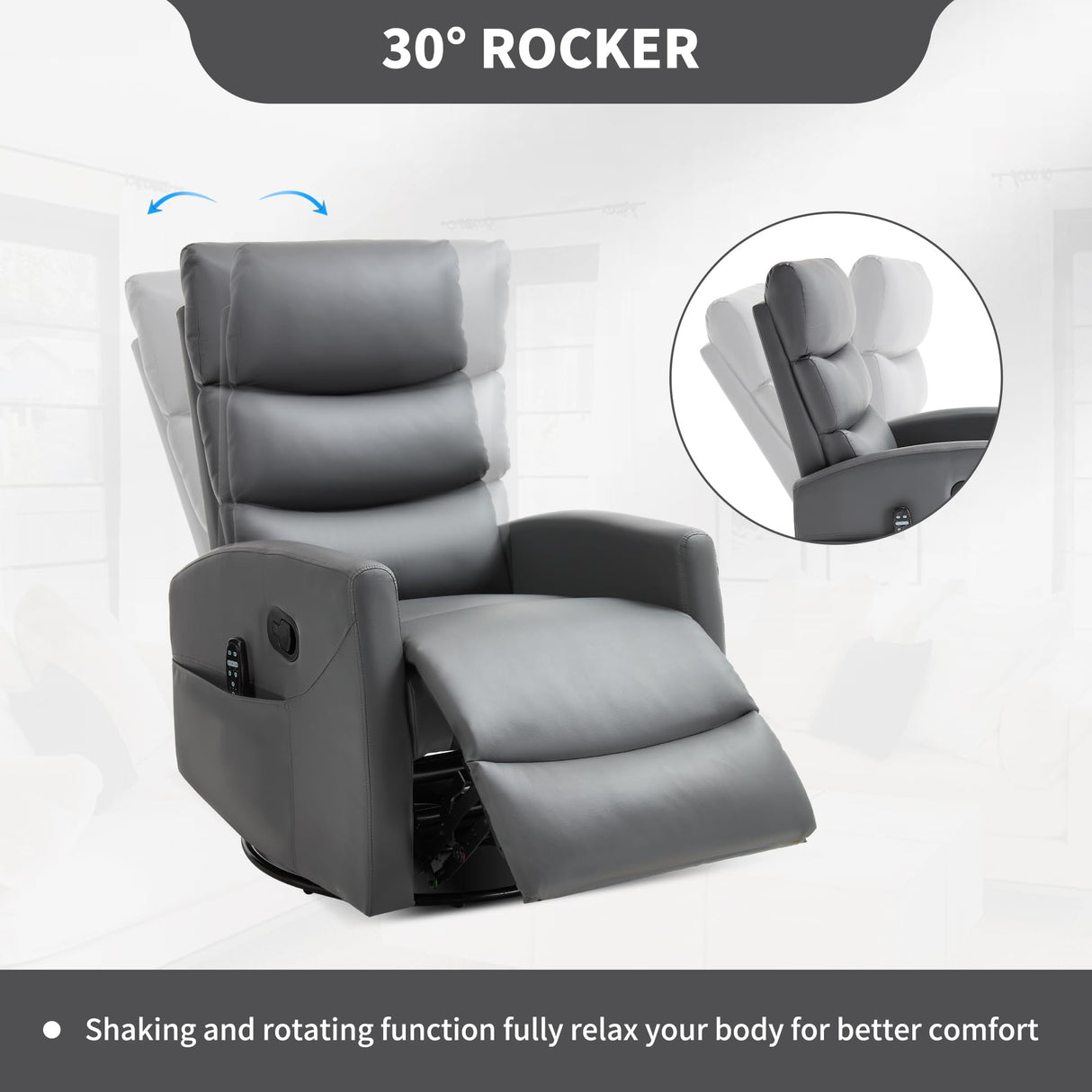 PELUMY Manual Recliner Chair with Heat & Vibration Massage, 360° Swivel Rocker Recliner with 155° Recline and Lumbar Heat, Compact Recliner for Living Room & Small Spaces (Breathable Leather, Grey) PELUMY