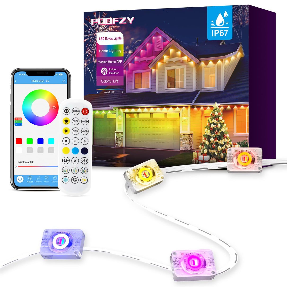POOFZY Permanent Outdoor Lights for House, 200ft RGB+IC Smart Outdoor Decor, 50 Scene Modes, App/Remote Control, IP68 Waterproof, for Christmas, Holiday, Daily & Pool Party Decor, House Roof Lighting POOFZY