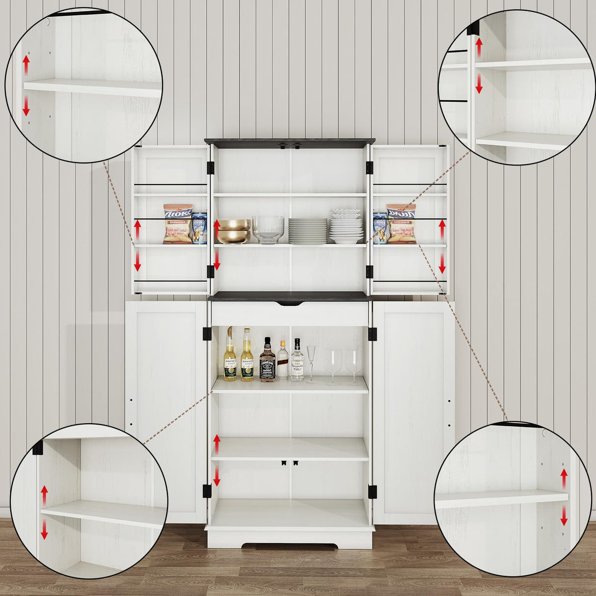 Kitchen Pantry Storage Cabinet,72" Freestanding Cupboard with 4 Barn Doors,Drawer and Adjustable Shelves,Wood Food Pantry for Kitchen, Dining Room, Bathroom,White Vipbear