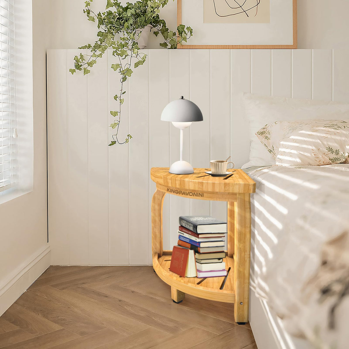 KingPavonini Bamboo Corner Shower Stool for Shaving Legs Foot Rest, Waterproof Bath Bench Seat with Storage Shelf for Bathroom Inside Shower, Hold Up to 450Lbs KingPavonini