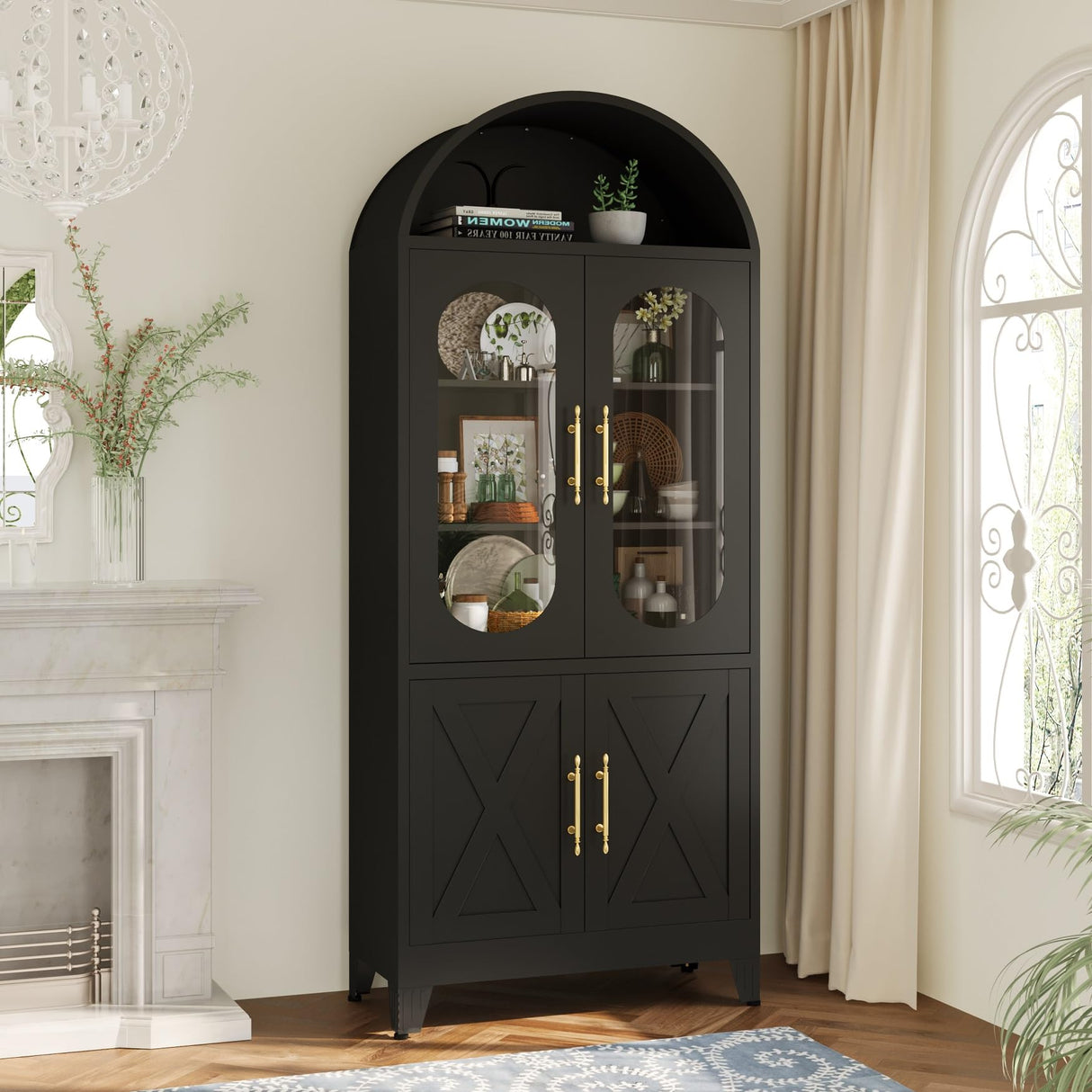 RISTERN 73" Tall Arched Kitchen Pantry Cabinet, Modern Metal Farmhouse Storage Cabinets, Steel Cabinet with Glass Doors and Adjustable Shelves, Living Room, Dining Room and Office, Black RISTERN