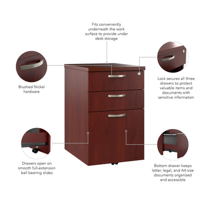 Bush Business Furniture Office in an Hour 3 Rolling File Cabinet | Mobile Under Desk Drawers for Letter, Legal, and A4-size Document Storage, Hansen Cherry - WoodArtSupply