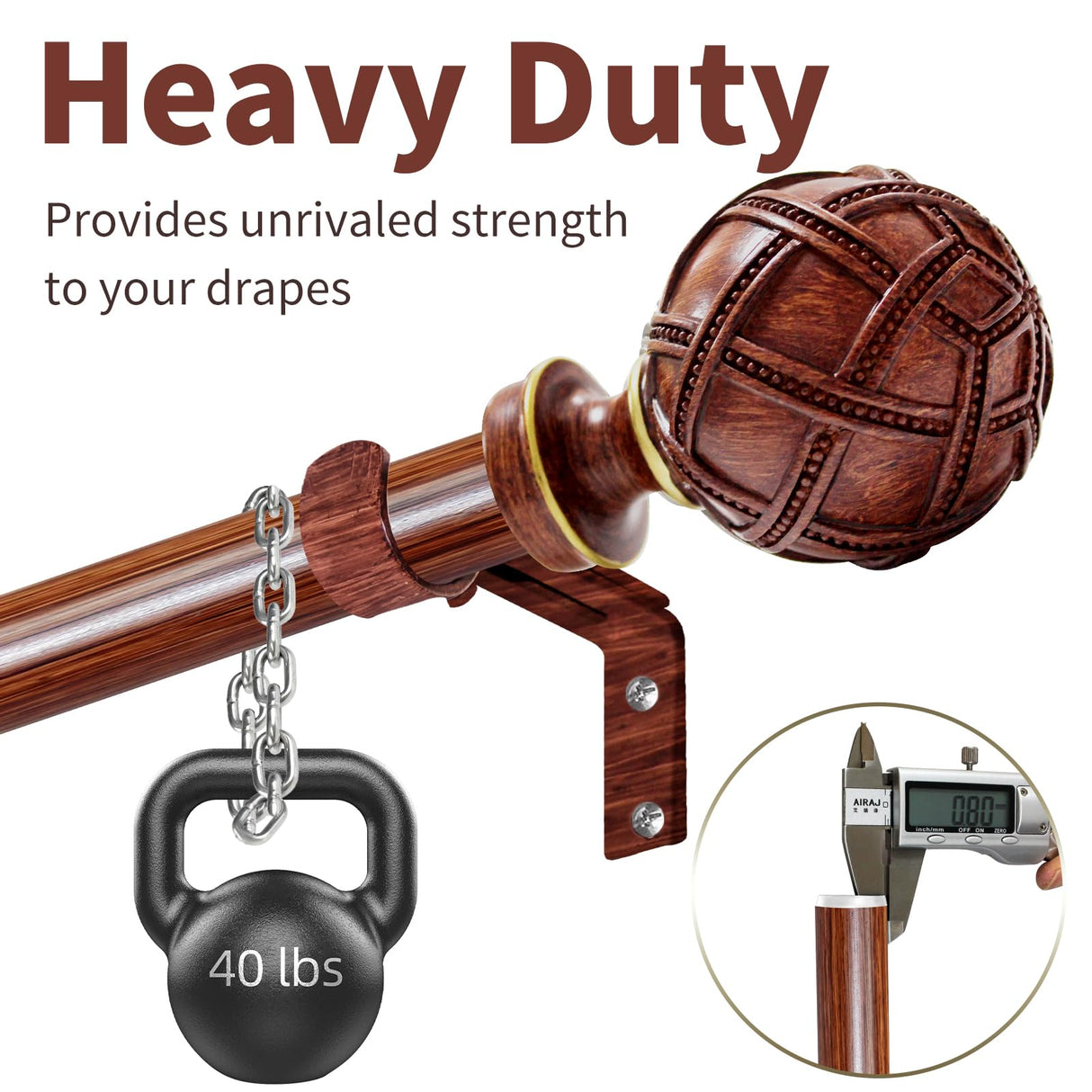 Single Curtain Rod for Windows 28 to 48 Inches(2.3-4ft): 1 inch Diameter Adjustable Curtain Rod, Heavy Duty Curtain Rod with Netted Texture Finials, Size:18-45(Redwood) Ycolnaefllr