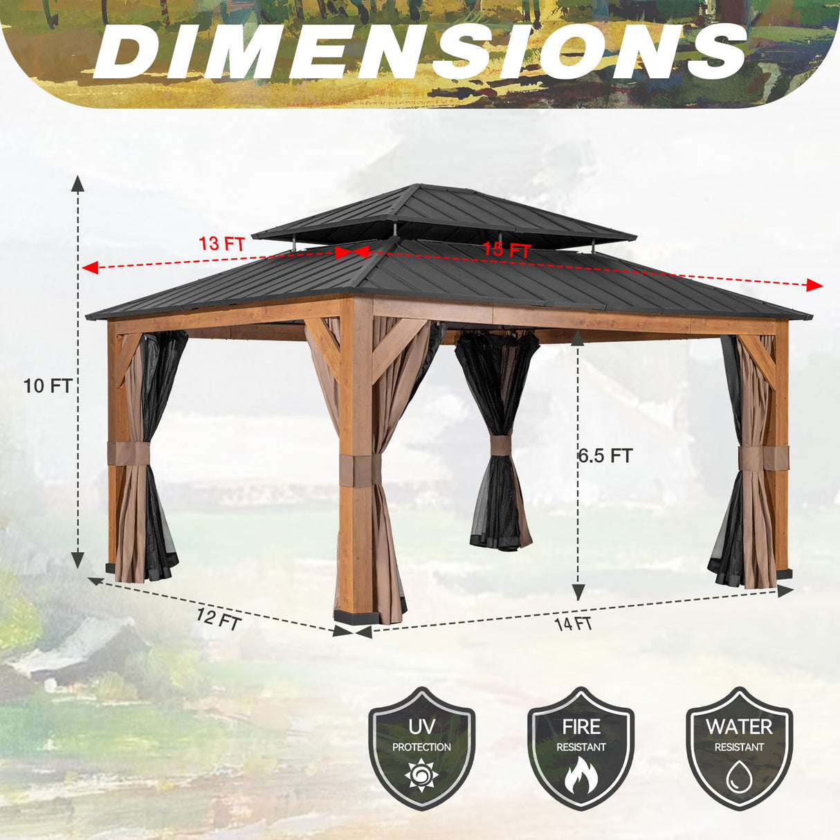 Meetleisure 13' x 15' Double Hardtop Gazebo - Outdoor Thermal Transfer Wood-Looking Aluminum Gazebo with Double Hardtop, Privacy Curtains and Mosquito Nettings Included, for Patio, Garden, Backyard MeetLeisure