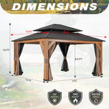 Meetleisure 13' x 15' Double Hardtop Gazebo - Outdoor Thermal Transfer Wood-Looking Aluminum Gazebo with Double Hardtop, Privacy Curtains and Mosquito Nettings Included, for Patio, Garden, Backyard MeetLeisure