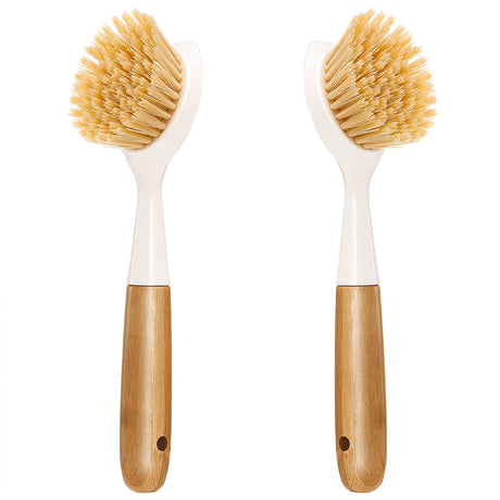 2 Pack Kitchen Dish Brush Bamboo Handle Dish Scrubber Built-in Scraper, Scrub Brush for Pans, Pots, Kitchen Sink Cleaning, Dishwashing and Cleaning Brushes are Perfect Cleaning Tools, White Songtaste