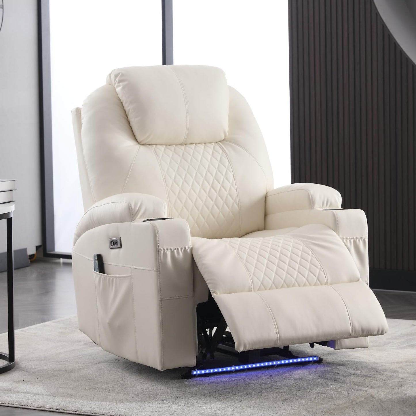 AHMED Power Recliner Chair, Home Theater Seating with LED Ambient Lighting, PU Leather Lazy Sofa Heat Massage Chair with Cup Holders/Side Pockets/USB Ports for Living Room (Beige, Single)