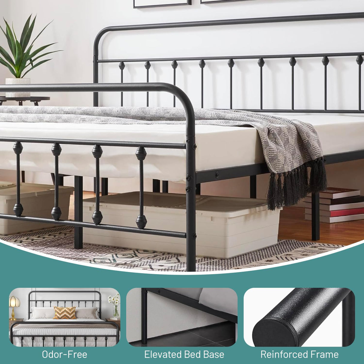 CLIBFENG Queen Bed Frame-Classic Metal Platform Bed Frame Mattress Foundation with Victorian Style Iron-Art Headboard/Footboard/Under Bed Storage/No Box Spring Needed/Black CLIBFENG