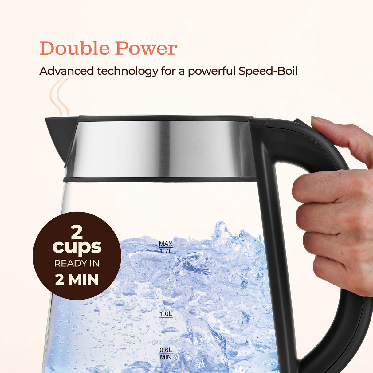 Speed-Boil Electric Kettle For Coffee & Tea - 1.7L Water Boiler 1500W, Borosilicate Glass, Easy Clean Wide Opening, Auto Shut-Off, Cool Touch Handle, LED Light. 360° Rotation, Boil Dry Protection Peach Street