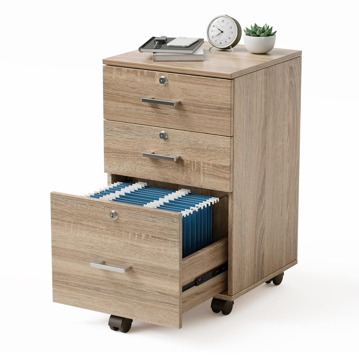 VINGLI 3-Drawer File Cabinet with Lock, Wood Rolling File Cabinet Under Desk File Cabinets for Home Office, Mobile Printer Stand & File Cabinet for Letter Sized Files, 26" H(Caster Included), Oak VINGLI