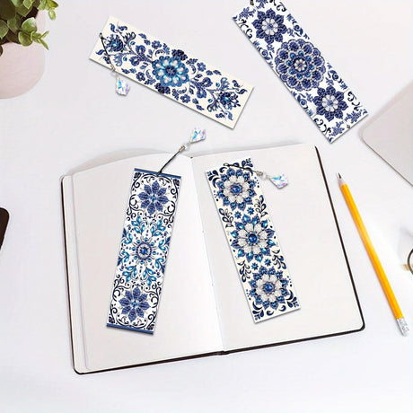 4pcs Diamond Art Bookmark Set - Blue and White Porcelain Pattern, Crystal Water Diamond Art Gift with Diamond Pendant, Suitable for Office, School Reading Enthusiasts, DIY Crafts Gifts, Birthday Gifts MVVMTOP