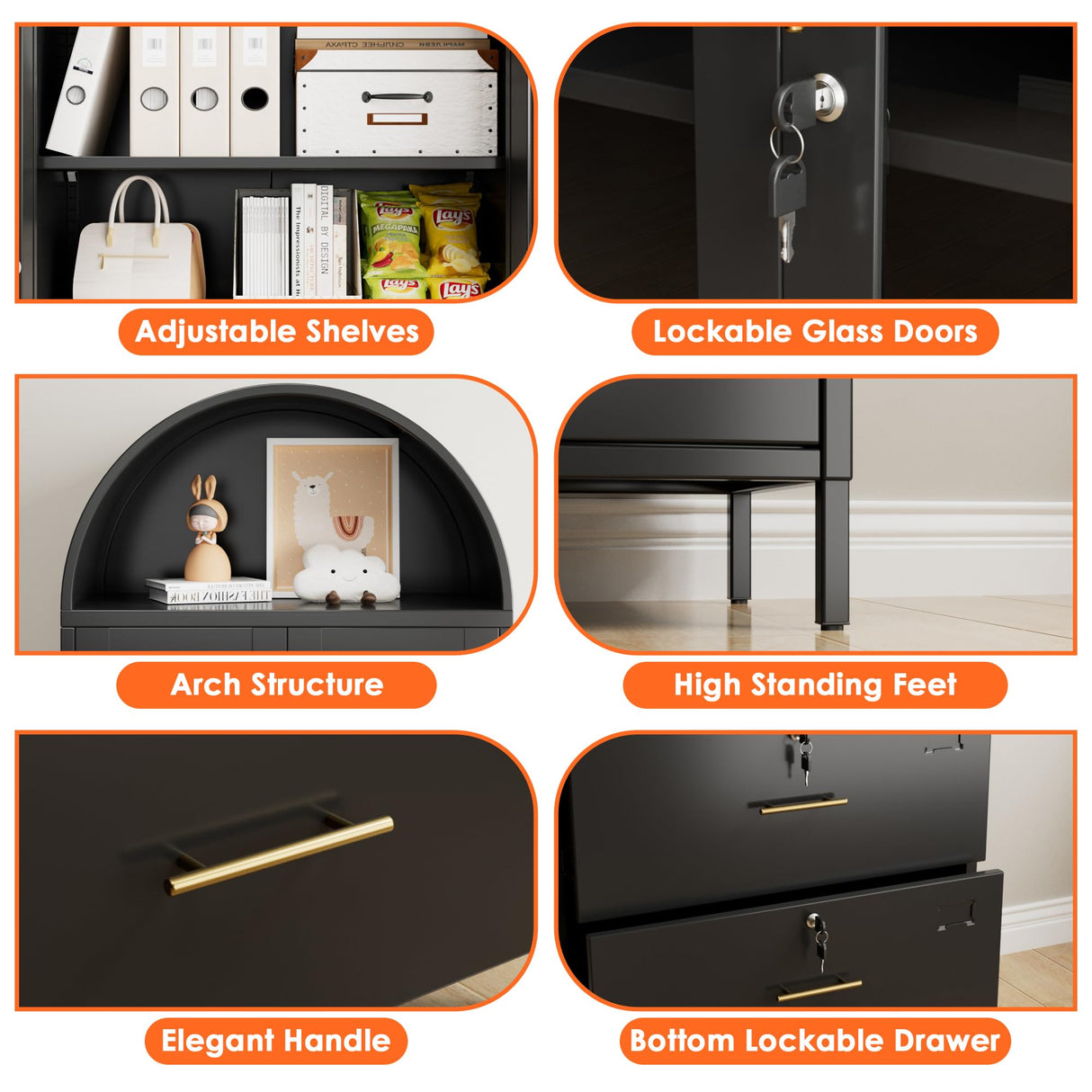 GangMei 2 Drawer Lateral File Cabinets for Home Office, 73 inch Tall Metal Arch Cabinet with Locking Glass Doors, Black Arched Bookcase with Drawers for A4/Letter/Legal File(Assemble Required) GangMei