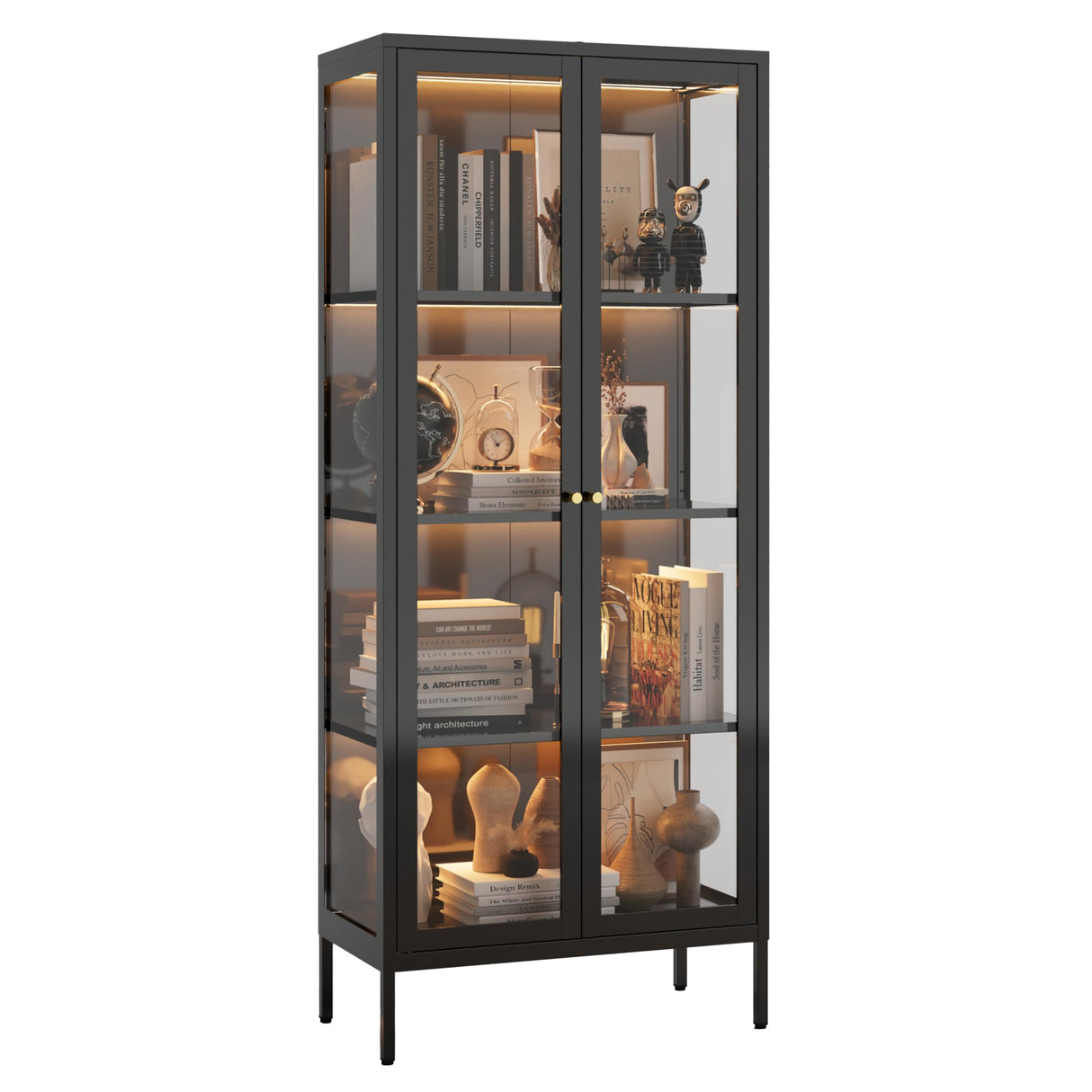 UNICOLY Display Cabinet with Glass Doors, Glass Display Cabinet with 3 Color LED Lights, Curio Display Cabinet with 3 Shelves for Living Room, Plant, Display Shelf, Assembly Required, Black UNICOLY
