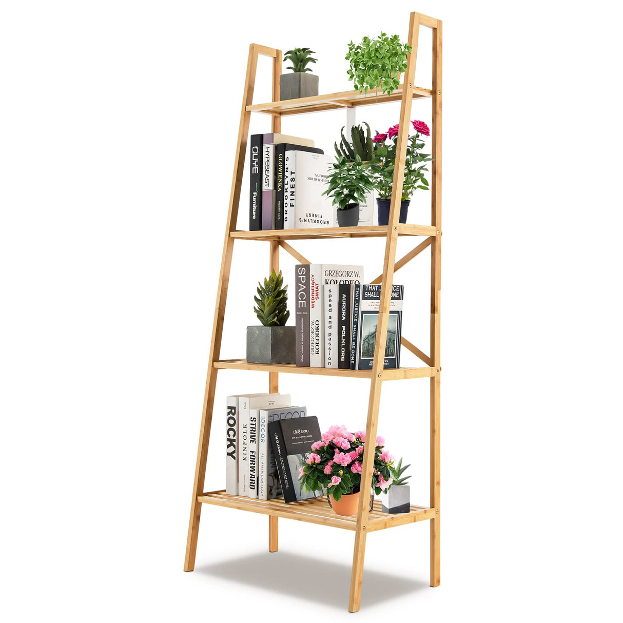 Tangkula 4-Tier Bamboo Ladder Bookshelf, Rustic Bookcase, Floor Standing Shelving Unit, Book Shelf Storage Organizer, Display Rack for Living Room, Kitchen, Bedroom, Office (1, Natural) Tangkula