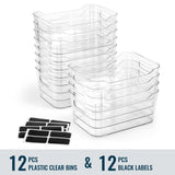 12 PACK Multi-Use Clear Plastic Storage Bins for Organizing w/ Labels - Home, Kitchen, Bathroom, Office, Pantry Cabinet Shelf Organizer Bins - SOHO Collection, RV, Fridge Organization Containers LANDNEOO