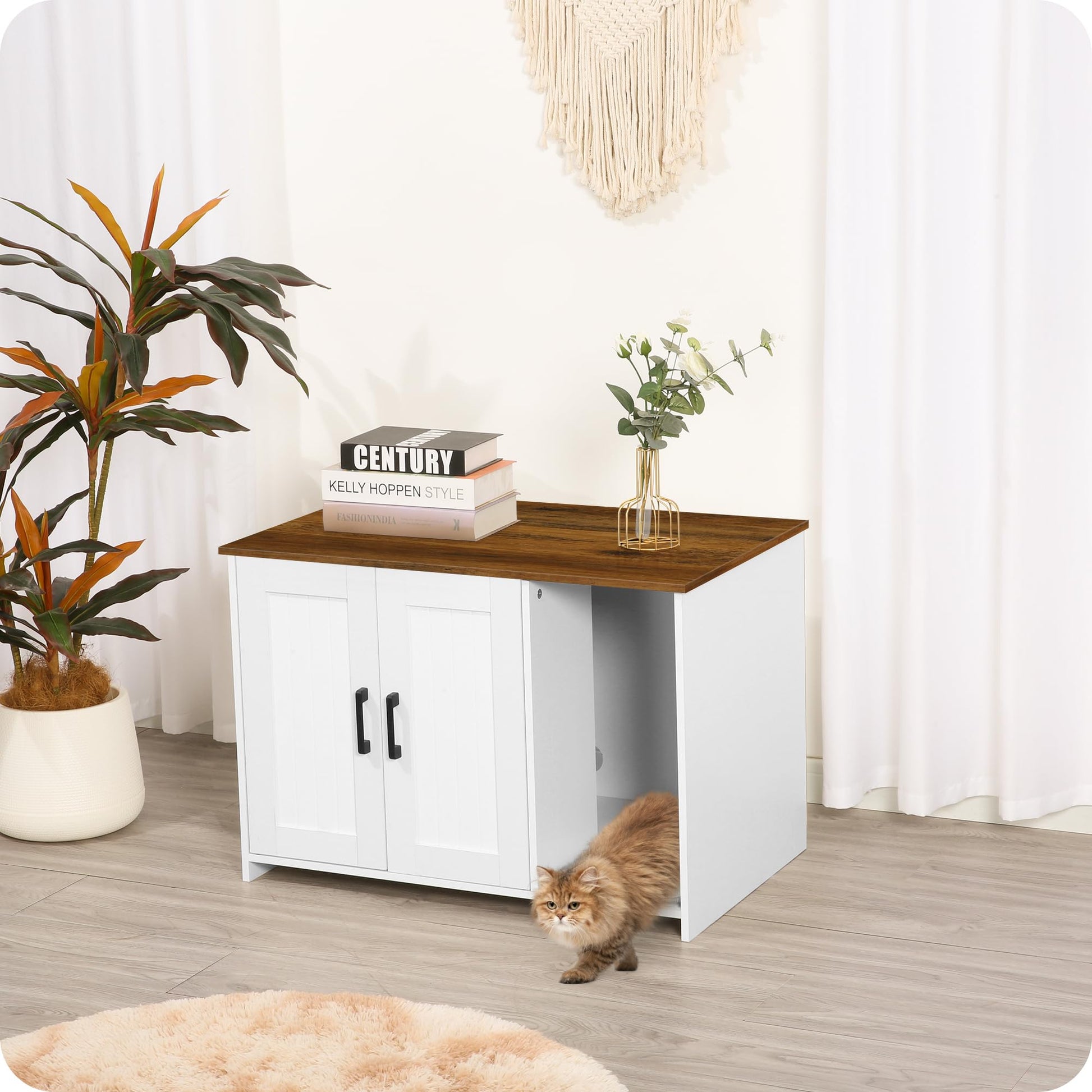 Dwanton Litter Box Enclosure, Cat Litter Box Furniture Hidden, with Scratching Mat, Wooden Cat Washroom Indoor, Fit Most of Litter Box, 31.5" L x 19.7" W x 21.7" H, White + Warm Brown - WoodArtSupply