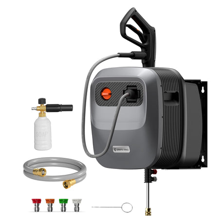 Giraffe Tools Grandfalls Pressure Washer G20 Pro, 2400 PSI 2.0 GPM, Wall Mounted Power Washer with 65FT Hose Reel, 4 Nozzles for Floor/Cars/Fences/Patios, Dark Silver Giraffe Tools