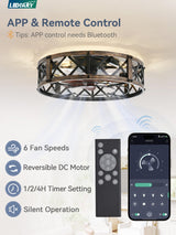 LEDIARY 20" Caged Ceiling Fan With Light, APP&Remote Control, Small Flush Mount Farmhouse Fan Lights, Low Profile Rustic Bladeless Ceiling Fan Fixtures For Bedroom, Kitchen-Black Gold Color LEDIARY