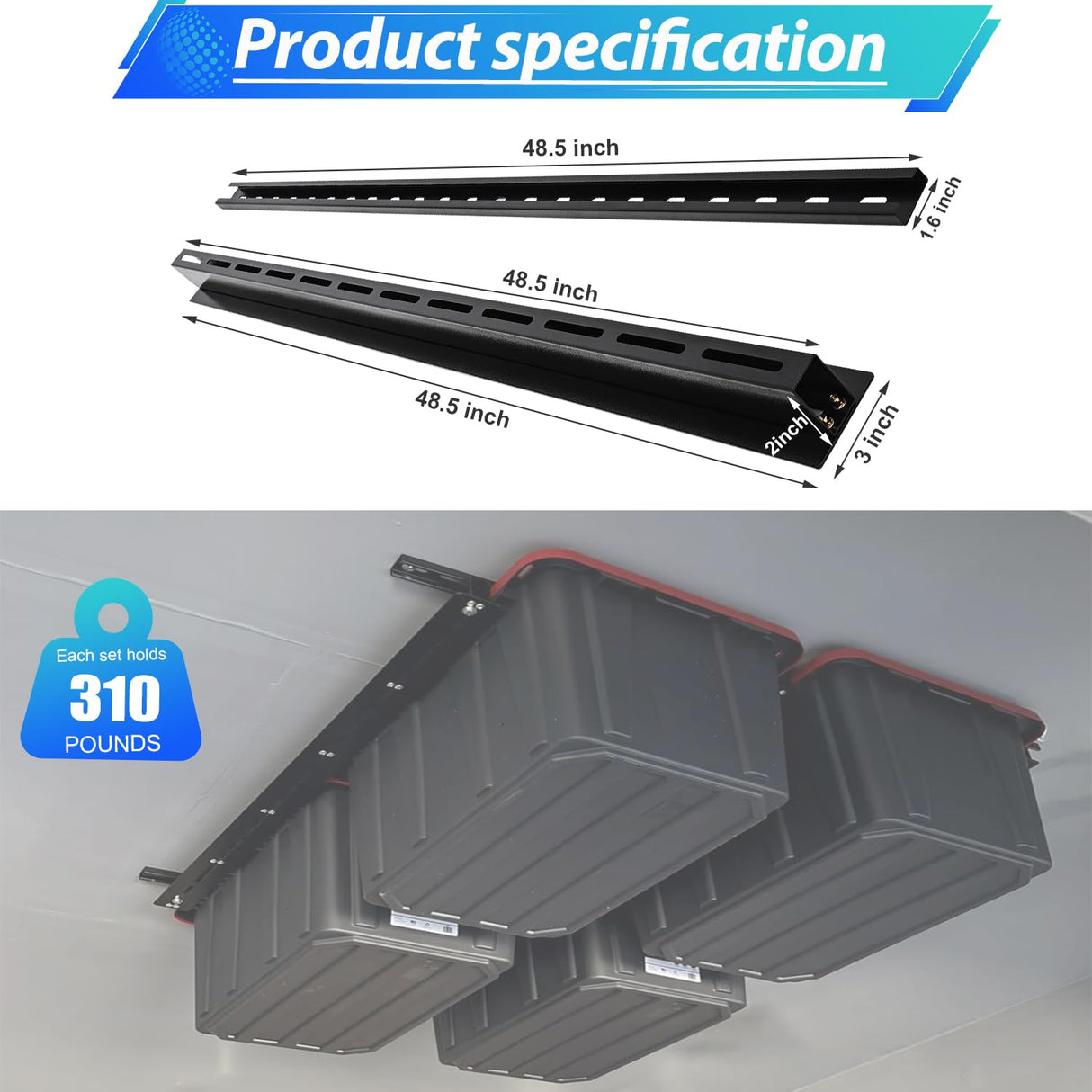 LMYYGOO Overhead Garage Storage Racks, Adjustable Ceiling Tote Storage Rails, Heavy Duty Garage Organizer Hanging Storage Rack for Most Storage Bins/Totes, 48" x 48" LMYYGOO