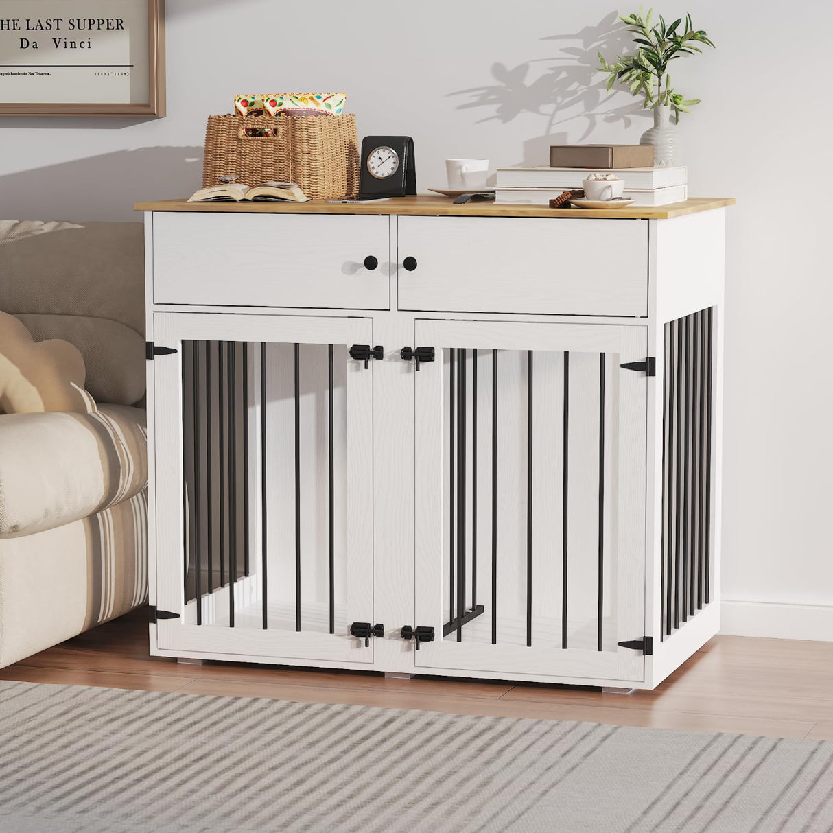 HXBOAUVS Large Dog Crate Furniture, 41 Inch Dog Kennel Indoor with Removable Divider & Double Doors, Wooden Dog Crates for 2 Dogs, Dog Crate Table for Large/Medium Dogs, White HXBOAUVS