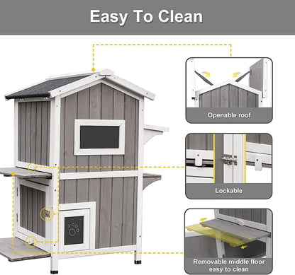 PetsCosset Outdoor Cat Shelter Weatherproof, Two Story Wooden Outside Feral Cat House with Openable Roof, Escape Door