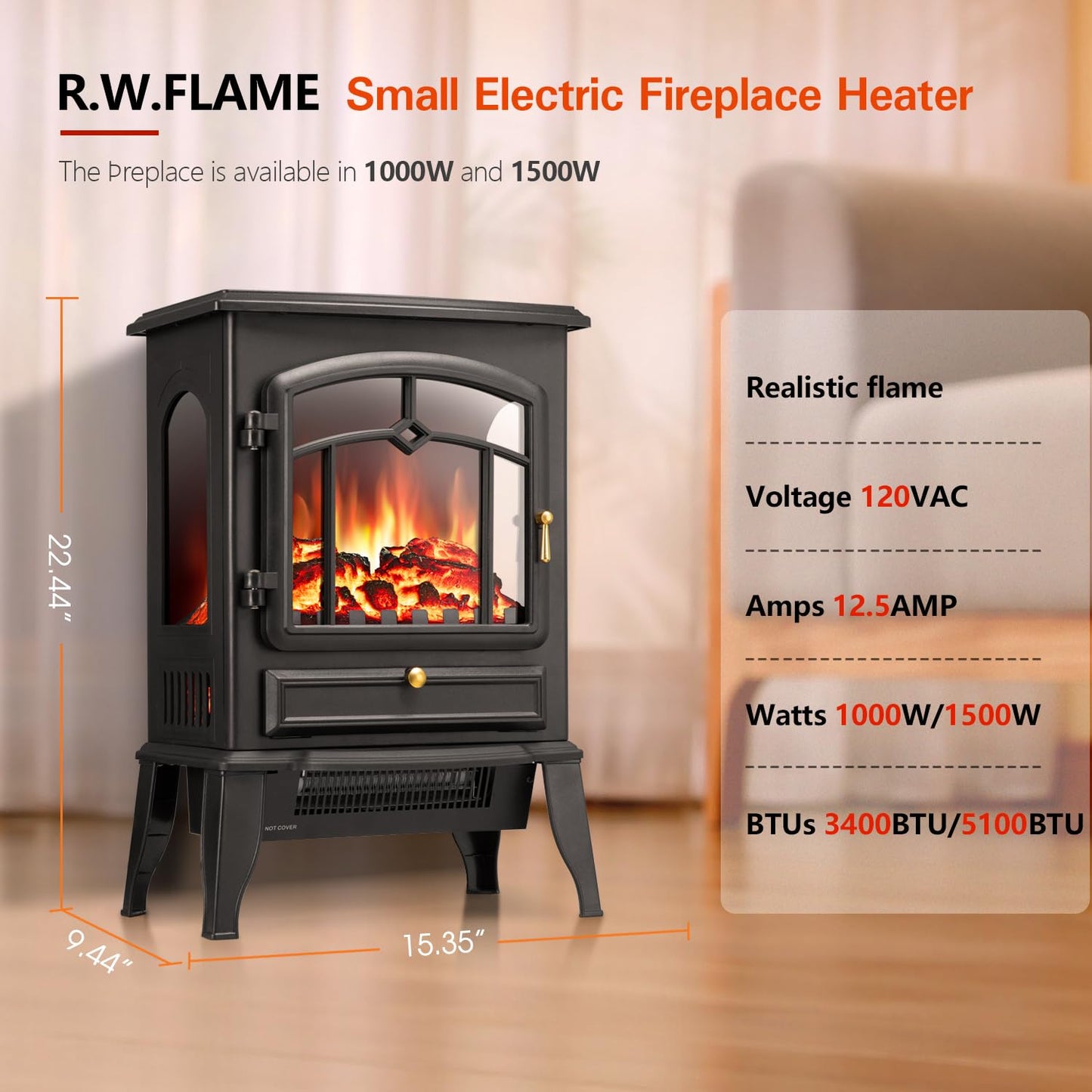 R.W.FLAME Electric Fireplace Stove Heater with Thermostat Control, 15" Cathedral Stylish Small Fireplace Heater, 3D Realistic Flame Effects, Adjustable Heating Mode, Overheating Safe Design