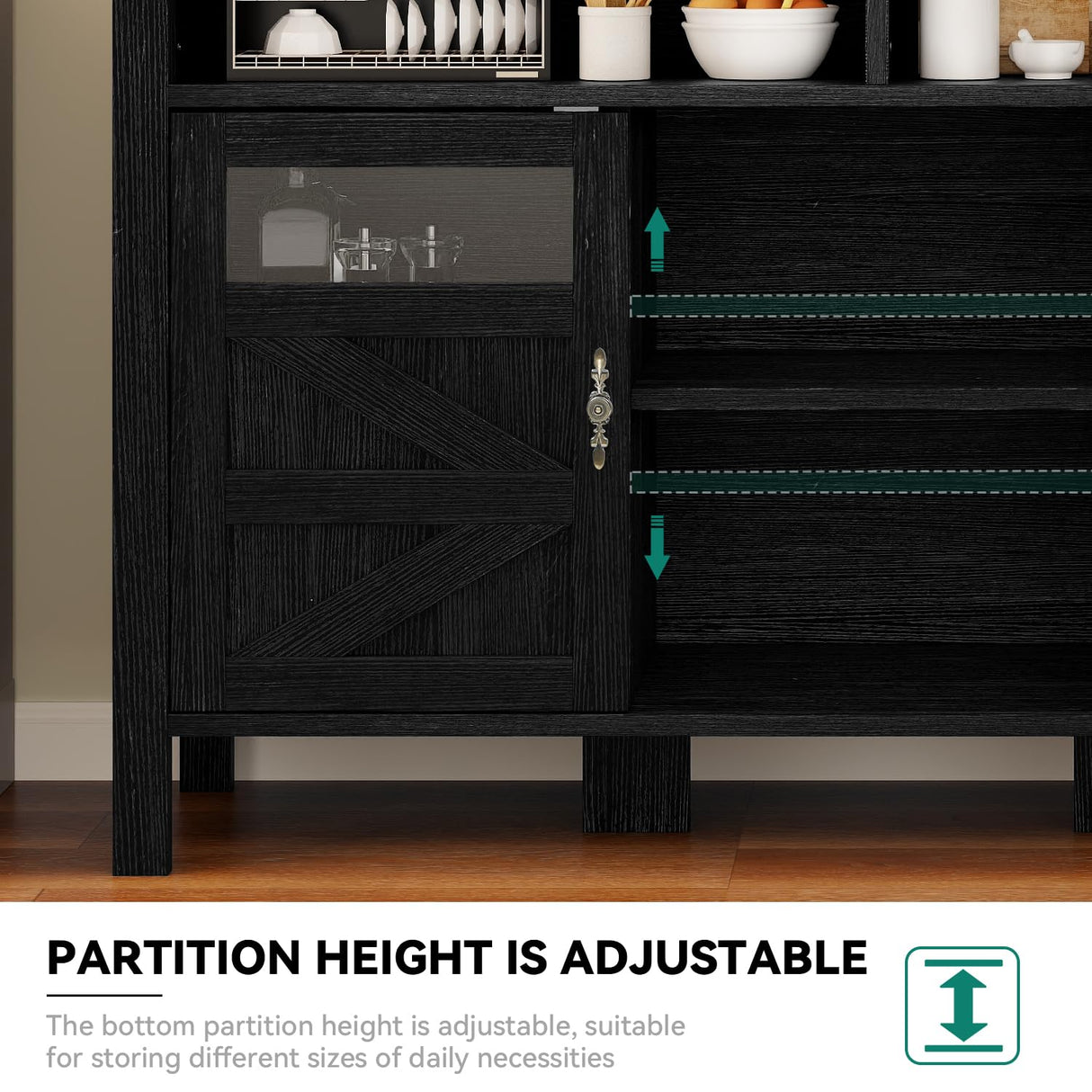 YITAHOME 55'' Farmhouse Buffet Cabinet with Storage, Large Sideboard Cabinet with 2 Doors & Open Storage, Versatile Coffee Bar Table for Kitchen & Living Room (Black) YITAHOME