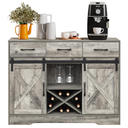 Chic Grey Farmhouse Wine Cabinet and Coffee Bar with Sliding Barn Doors and Ample Storage - WoodArtSupply