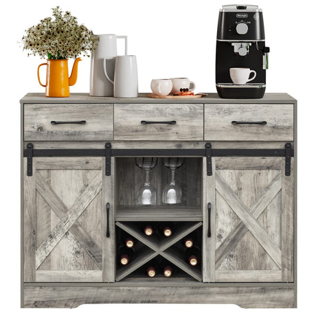 Chic Grey Farmhouse Wine Cabinet and Coffee Bar with Sliding Barn Doors and Ample Storage WoodArtSupply